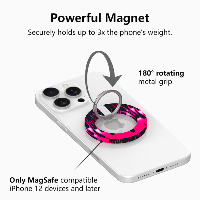 Hot Rod Pink Flame pattern MagSafe phone grip ring with neon pink fire on black background compatible with iPhone and Samsung