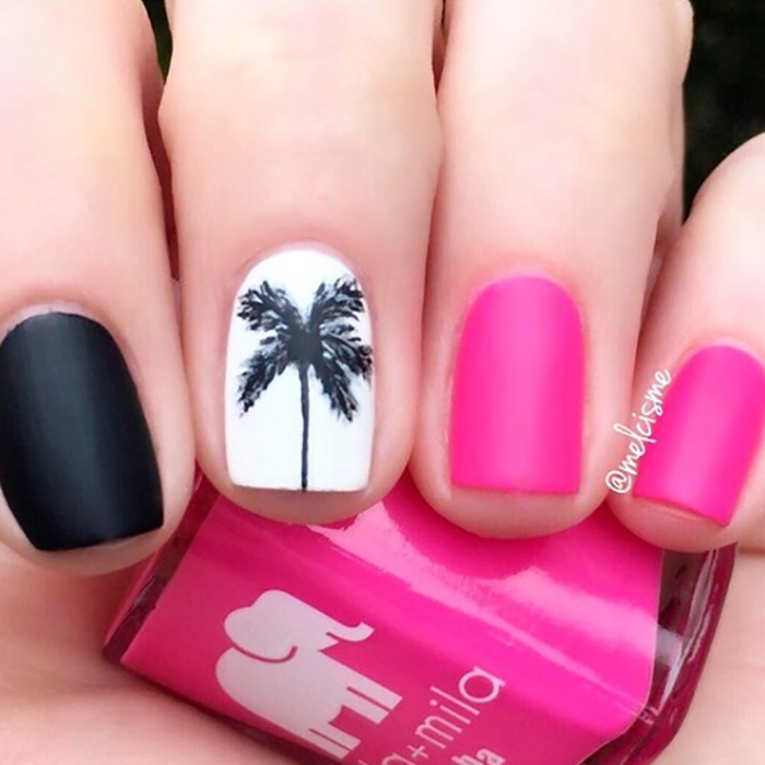 I Pink I Love You hot pink nail polish with palm tree and black accent nail art