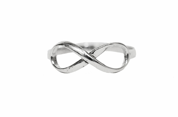 Infinity thin band ring in sterling silver with infinity symbol design, minimalist jewelry, front view on white background