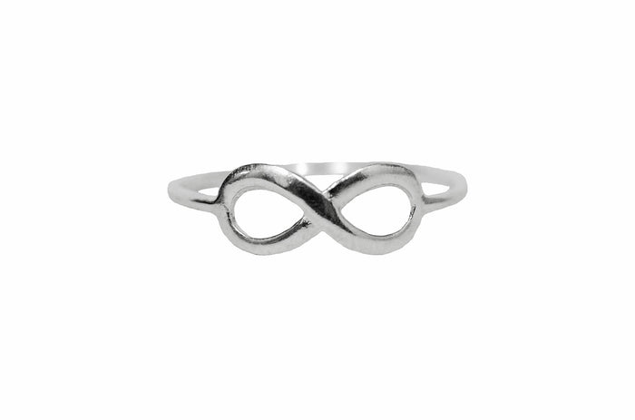 Infinity thin band ring in sterling silver, minimalist infinity symbol design, front view on white background