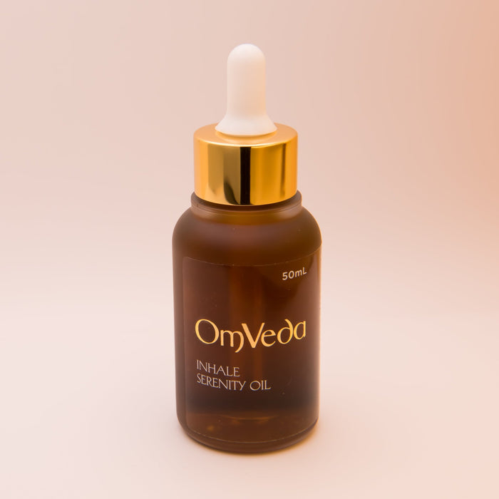 Nasal oil bottle with gold dropper, 50 mL, amber-brown glass, OmVeda label
