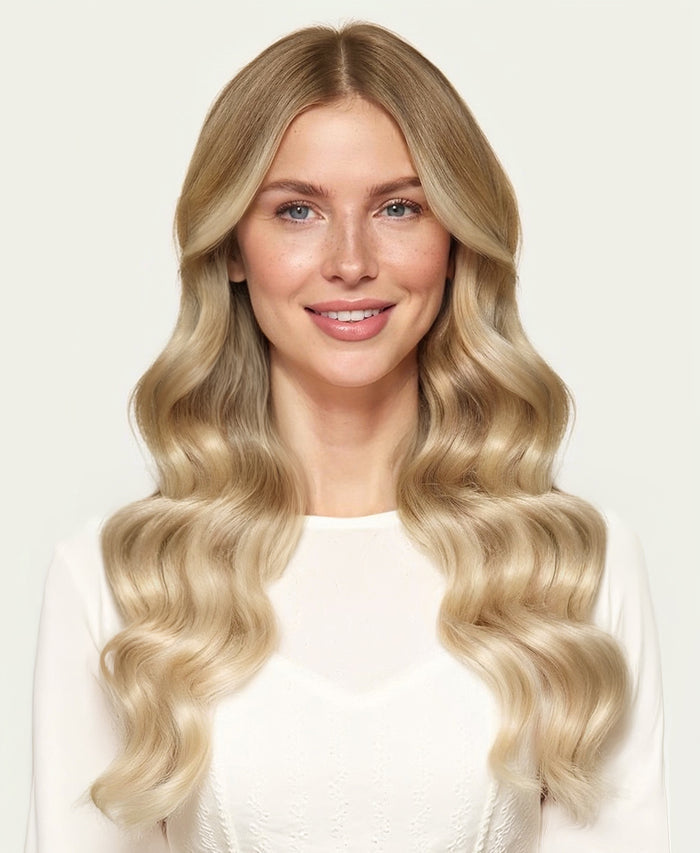 invisible clip-in hair extensions shadow root white blonde.