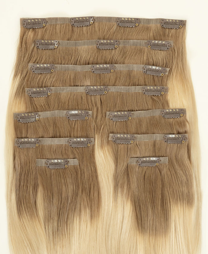 invisible clip-in hair extensions shadow root white blonde.