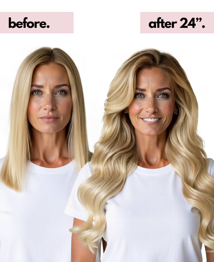 invisible clip-in hair extensions shadow root white blonde.