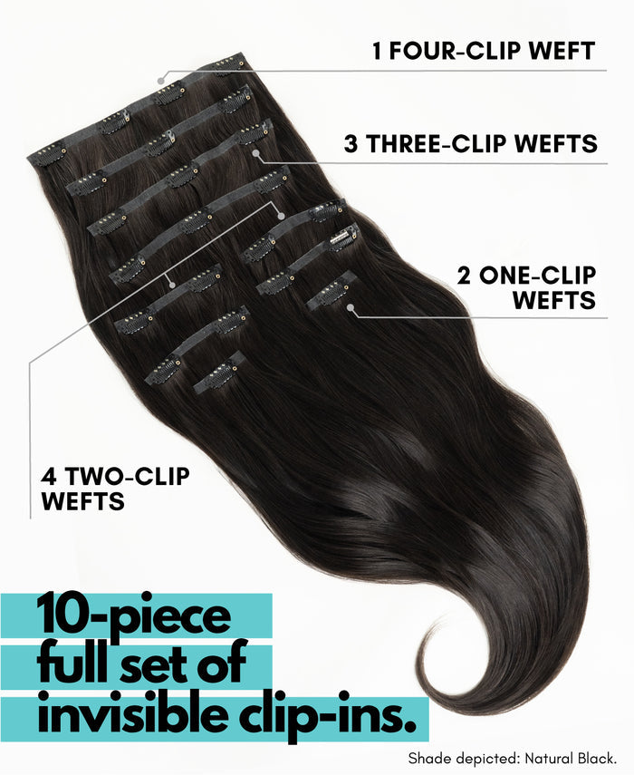 invisible clip-in hair extensions shadow root white blonde.