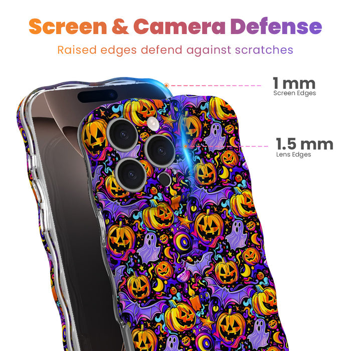 Screen and camera defense diagram for the Jack-O-Lantern Jive MagSafe iPhone case showing 1 mm raised screen edges and 1.5 mm raised lens edges.