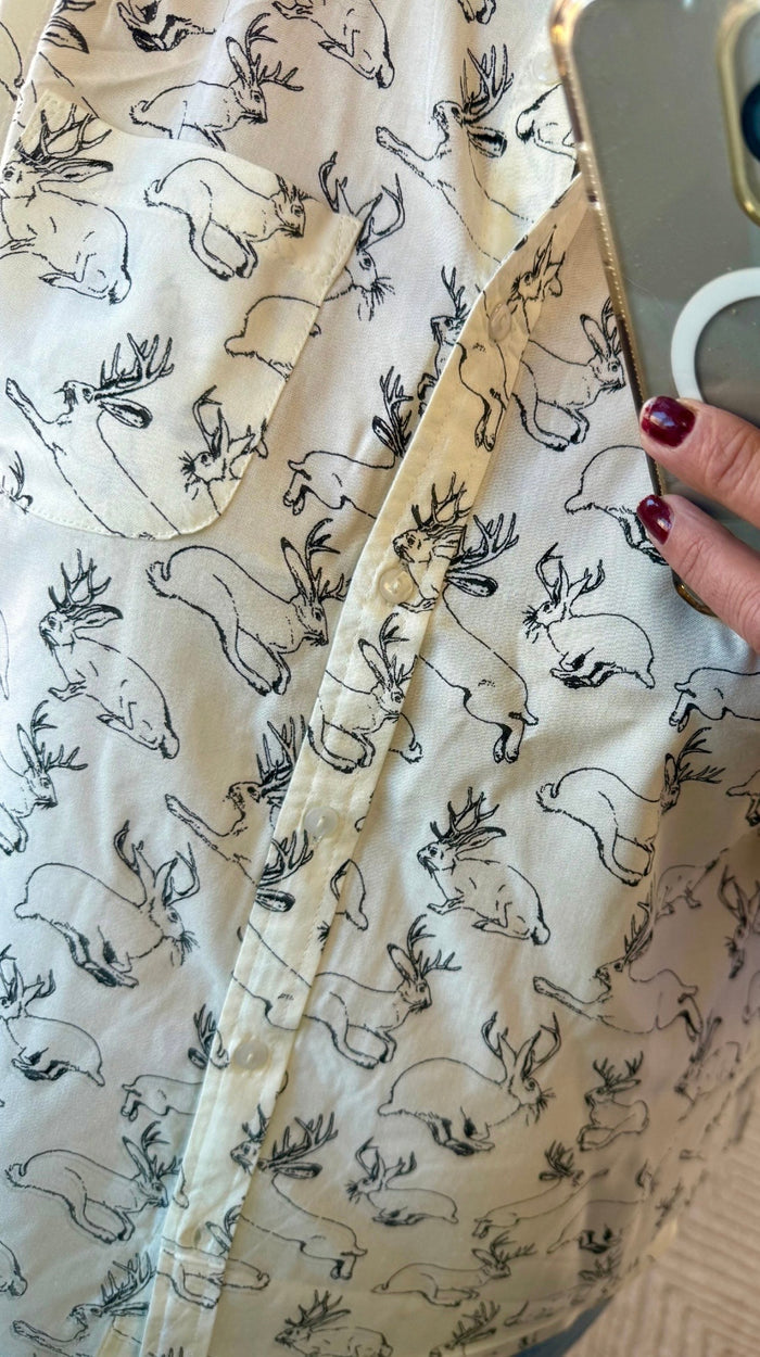Light fabric camp shirt with black jackalope print all over