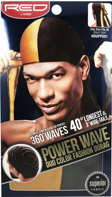 Kiss Power Wave Duo Fashion Durag Black/Gold - 12pcs - Palms Fashion Inc.