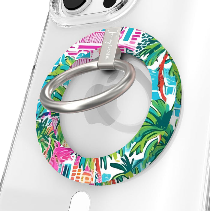 La Palma Villa tropical pattern MagSafe phone grip ring with pink and orange architecture and green palm leaves compatible with iPhone and Samsung