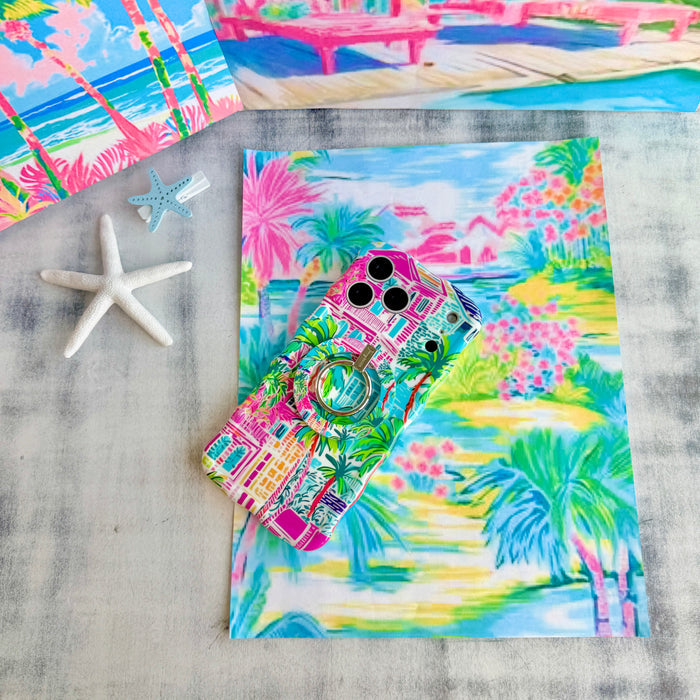 La Palma Villa tropical pattern MagSafe phone grip ring with pink and orange architecture and green palm leaves compatible with iPhone and Samsung