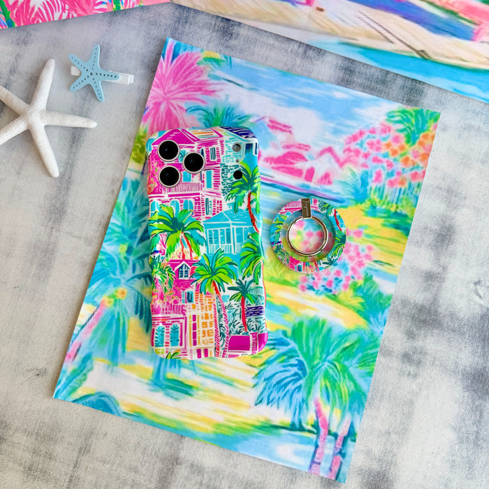 La Palma Villa tropical pattern MagSafe phone grip ring with pink and orange architecture and green palm leaves compatible with iPhone and Samsung