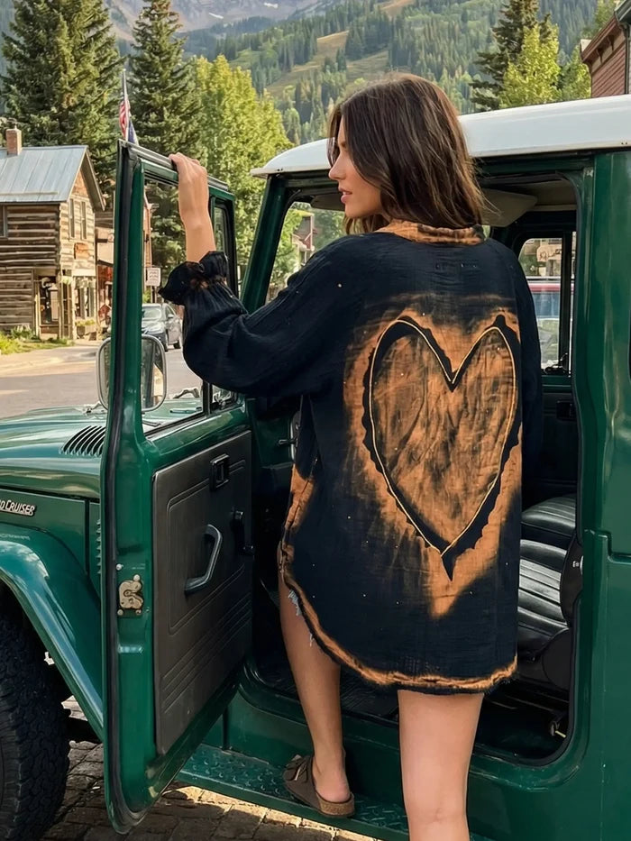 Laid Back Cotton Button Down Top - Black Heart-view 1