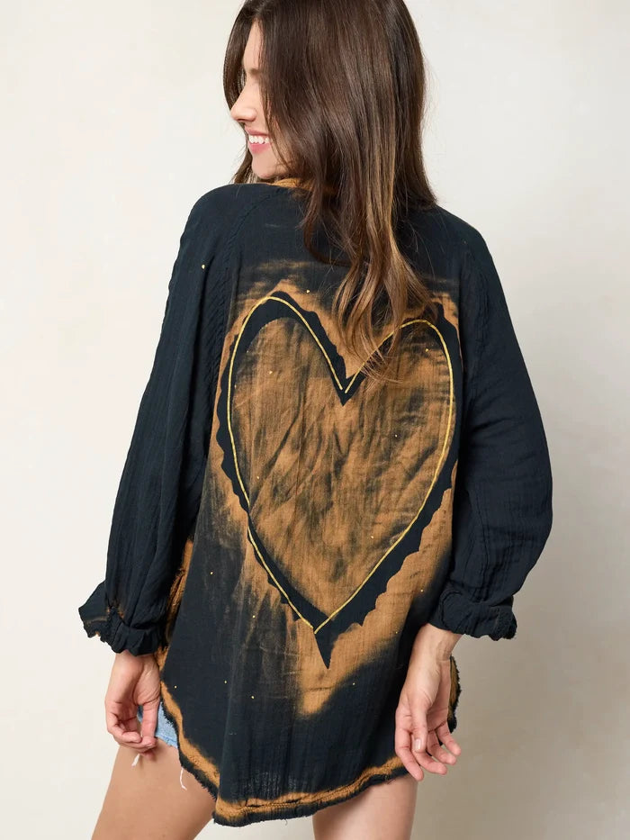 Laid Back Cotton Button Down Top - Black Heart-view 2