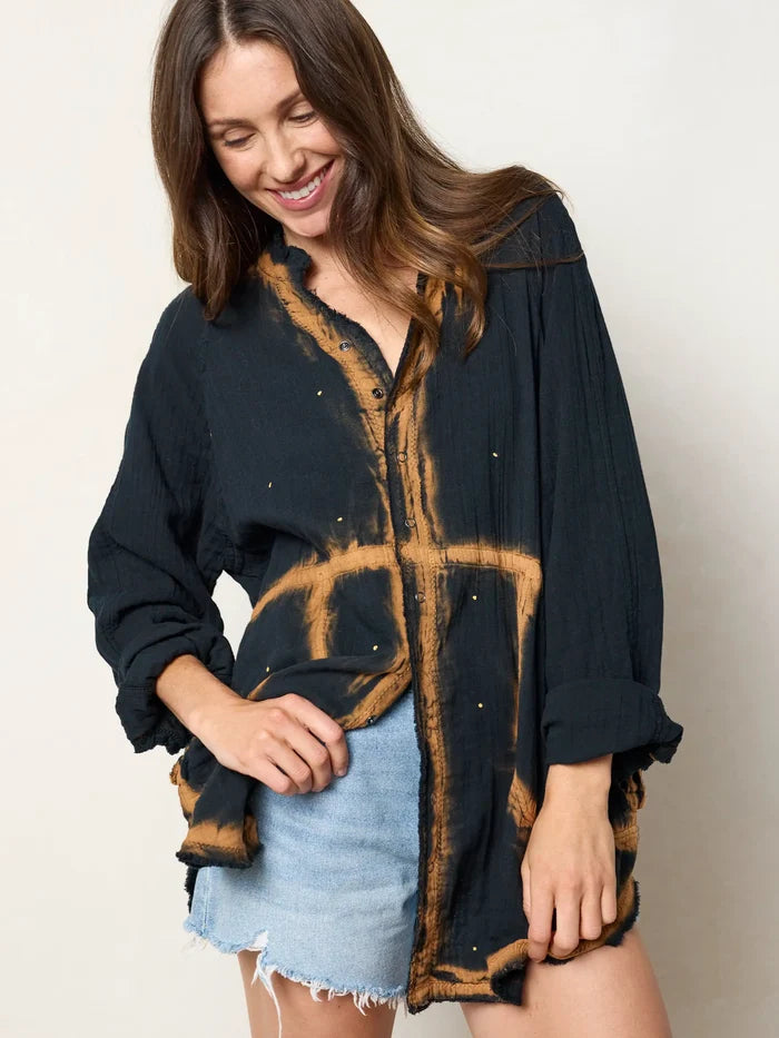 Laid Back Cotton Button Down Top - Black Heart-view 4