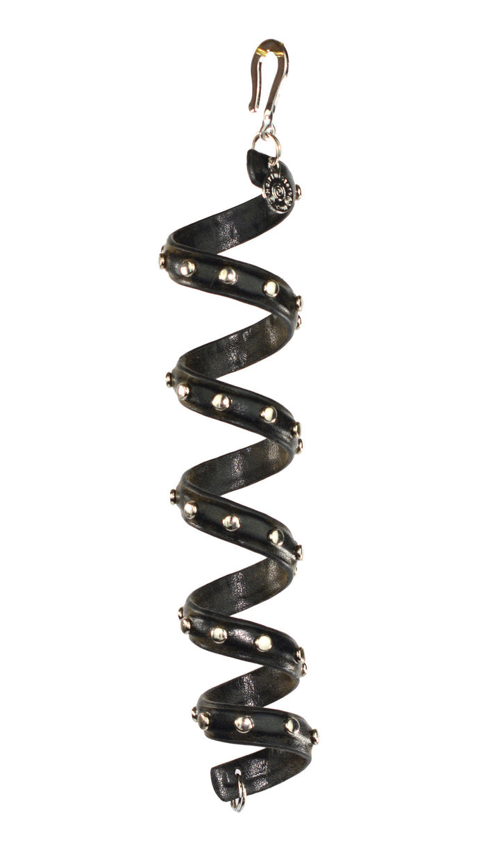 Black leather spiral ponytail wrap hair twister with silver rivets, front view on white background