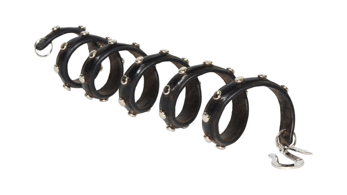Leather Ponytail Wrap - 6" Black with Silver Rivets Biker Accessory front view