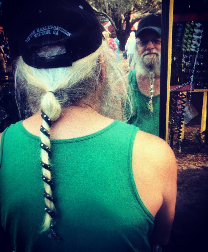 Model wearing Leather Ponytail Wrap - 6" Black with Silver Rivets Biker Accessory