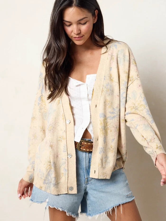 Live Happy Cotton Cardigan Sweater - Dahlia Flora Ivory-view 1