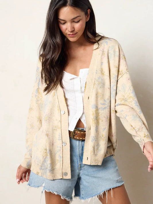 Live Happy Cotton Cardigan Sweater - Dahlia Flora Ivory-view 1