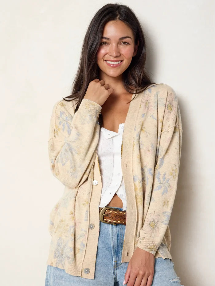 Live Happy Cotton Cardigan Sweater - Dahlia Flora Ivory-view 3