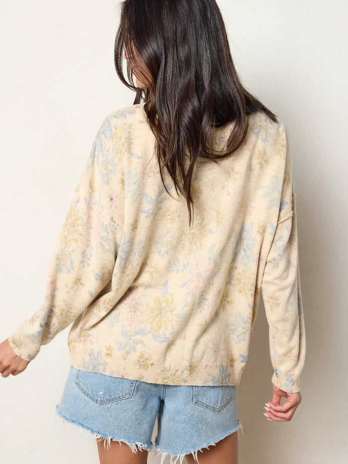 Live Happy Cotton Cardigan Sweater - Dahlia Flora Ivory-view 4