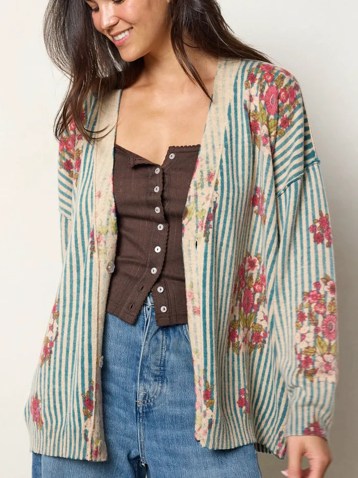 Live Happy Cotton Cardigan Sweater - Jaipur Stripe Washed Teal-view 1