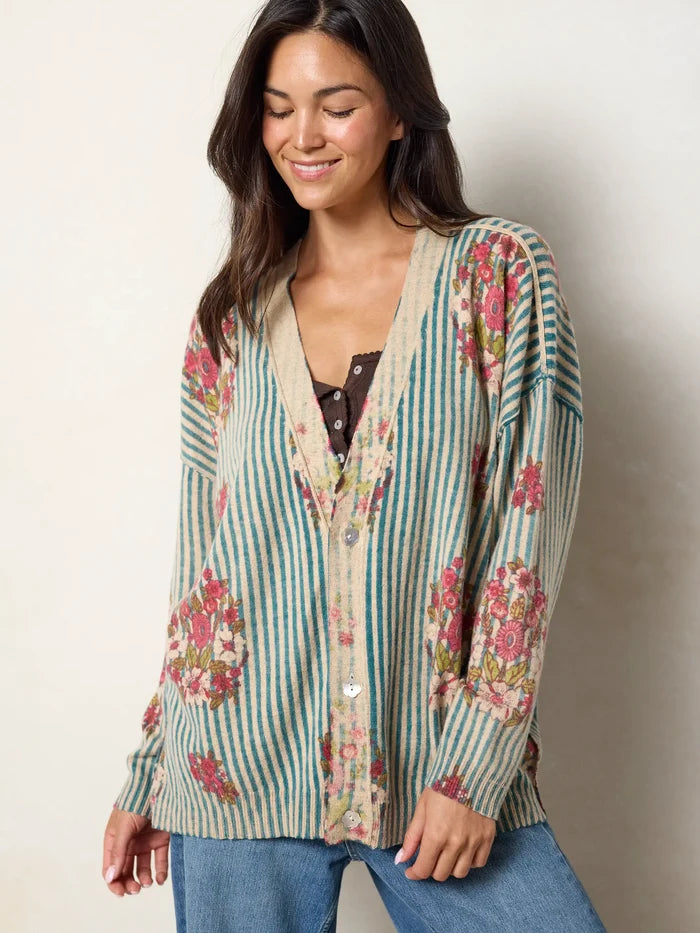 Live Happy Cotton Cardigan Sweater - Jaipur Stripe Washed Teal-view 2