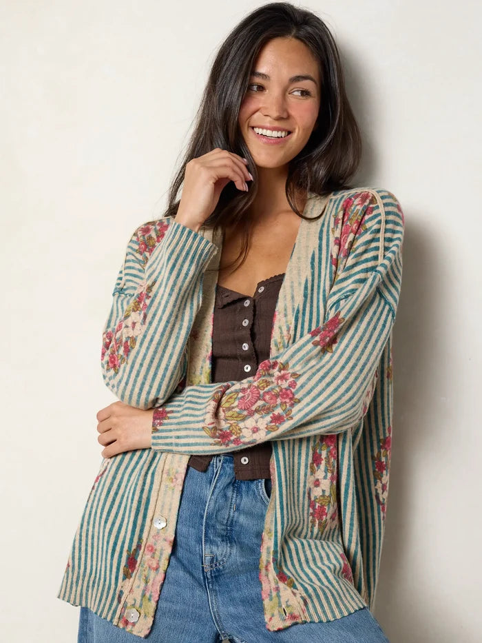 Live Happy Cotton Cardigan Sweater - Jaipur Stripe Washed Teal-view 3