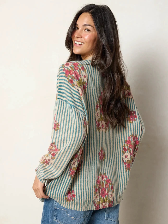 Live Happy Cotton Cardigan Sweater - Jaipur Stripe Washed Teal-view 4