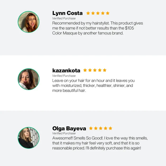 Lock Me Color Masque five-star reviews: Lynn Costa matches it to a $105 rival, kazankota and Olga Bayeva praise moisture, scent