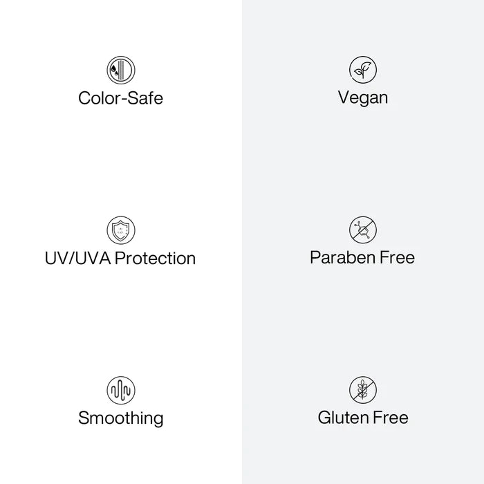 GK Hair Lock Me Color Masque icons: color-safe, UV/UVA protection, smoothing, vegan, paraben free and gluten free