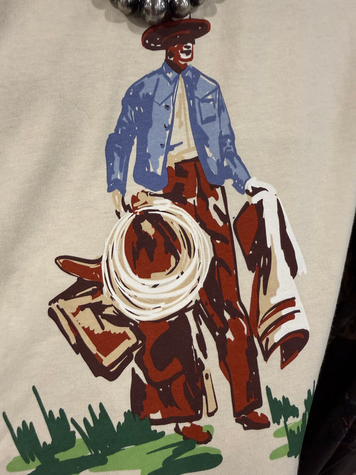 Cream cowboy graphic T-shirt with lasso scene