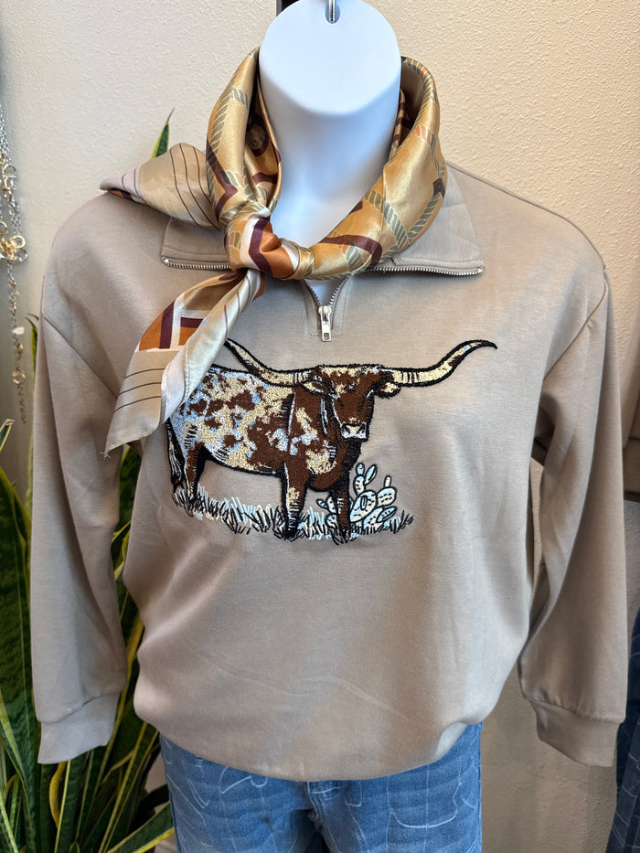 Lightweight quarter-zip sweatshirt in light taupe with longhorn graphic embroidery and scarf-tie style