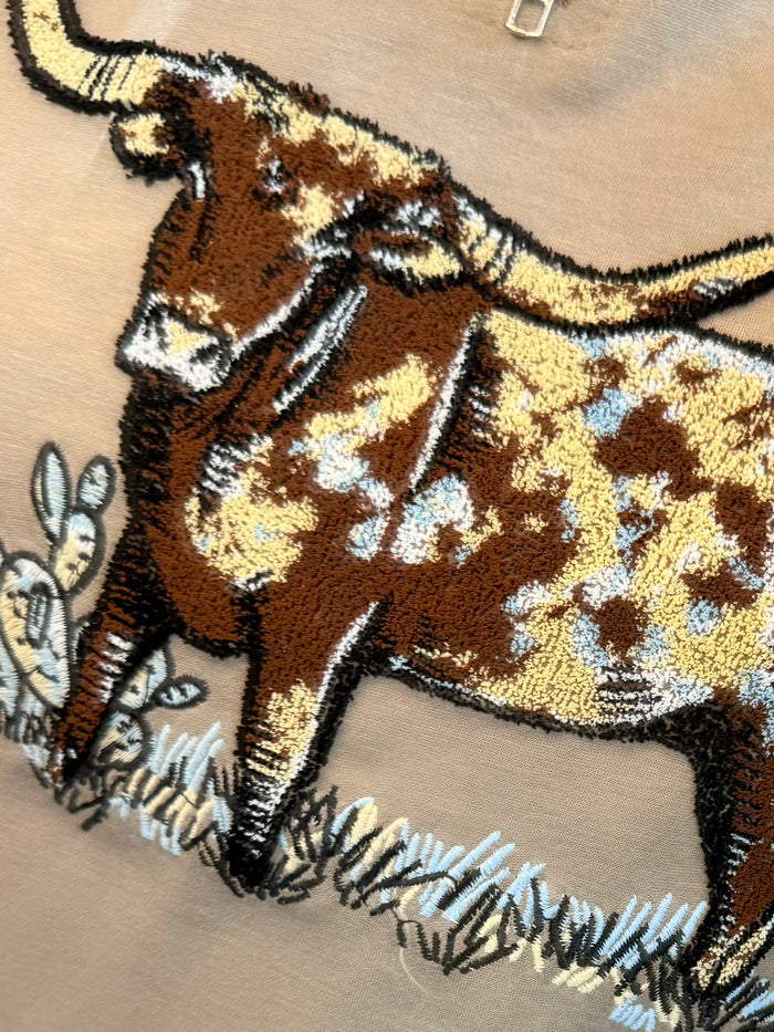 Longhorn graphic embroidery on a light taupe lightweight quarter-zip sweatshirt