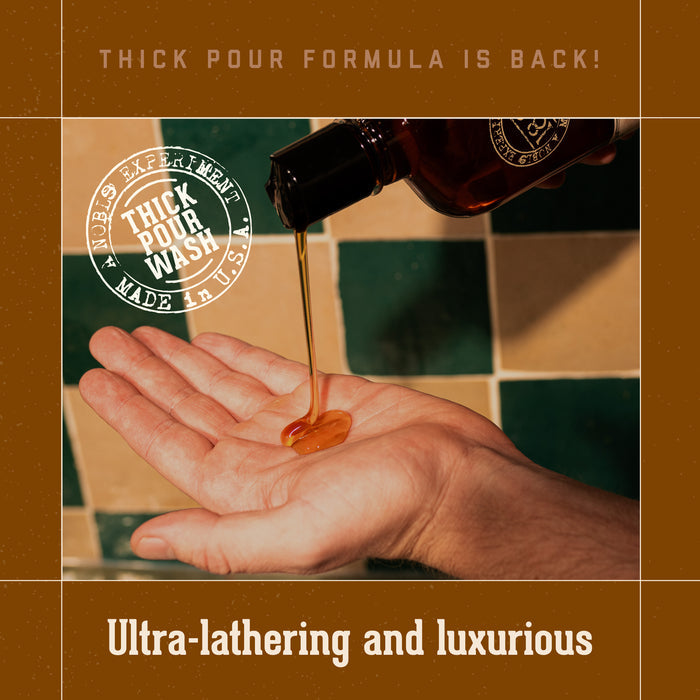 Hand pouring thick pour wash into a palm with promotional text and logo.