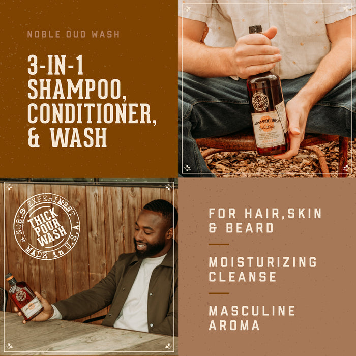 Advertisement for Noble Oud  Wash 3-in-1 shampoo, conditioner, and wash with product packaging and usage scenarios.