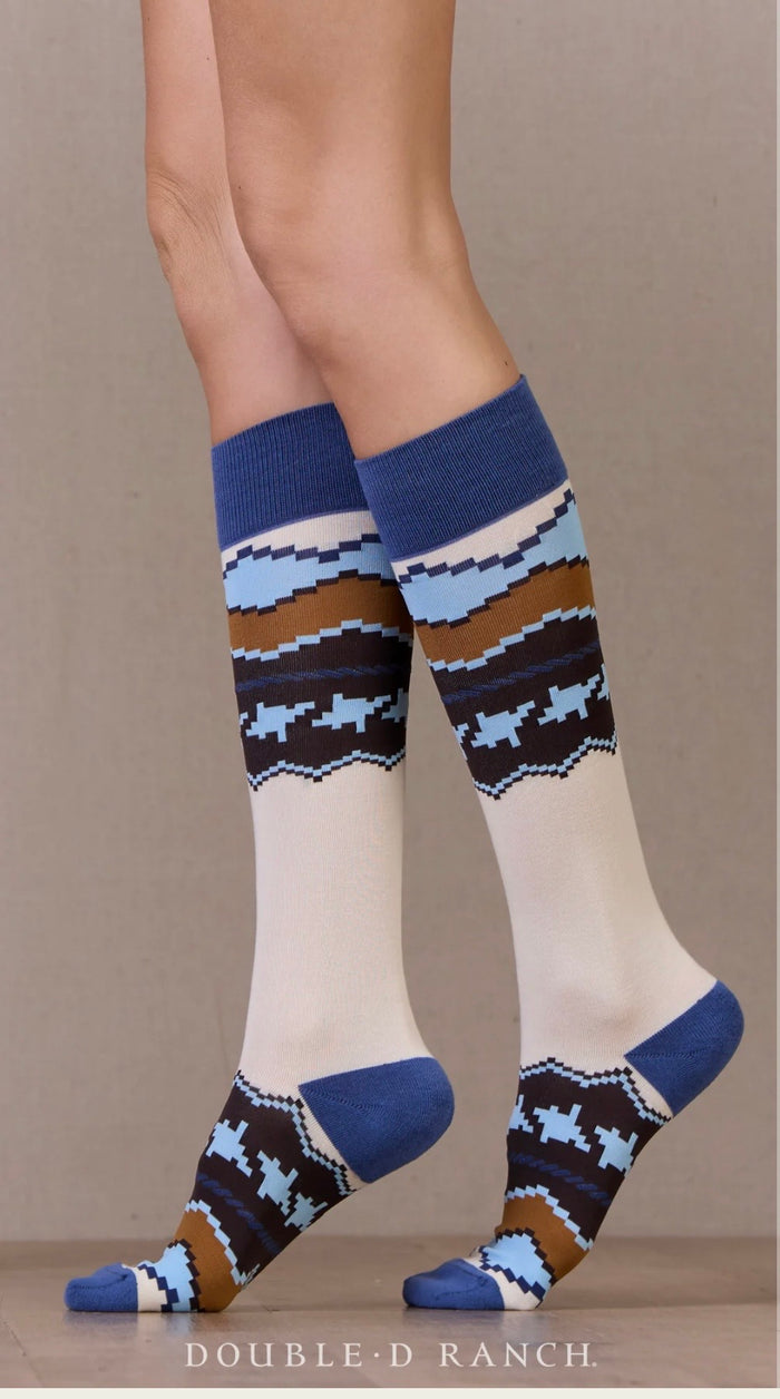 Mane Stay crew socks with blue ribbed cuffs and western geometric pattern in tan, white
