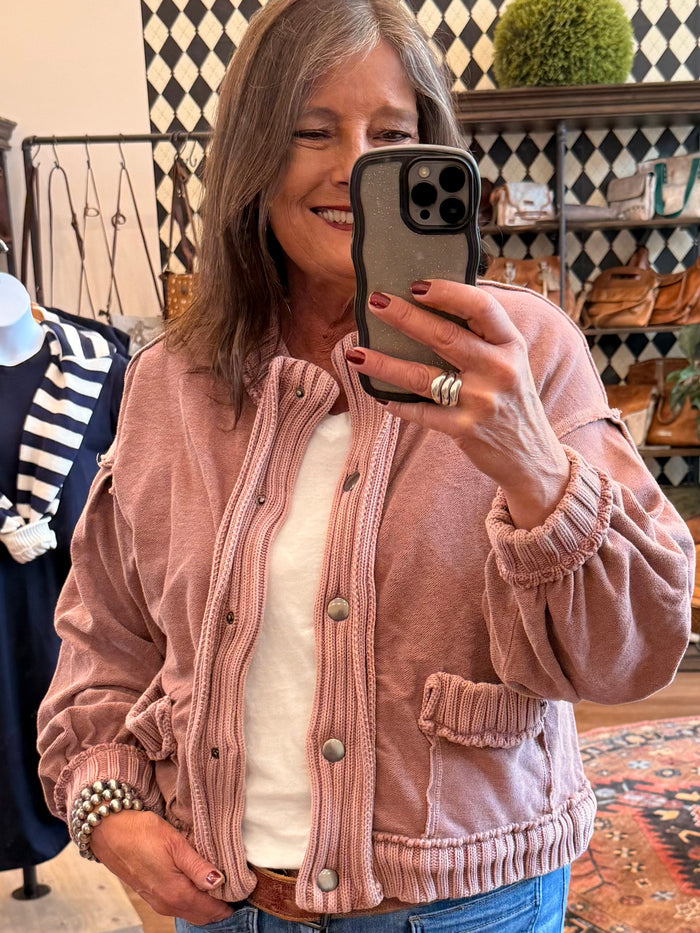 Mauve snap-front cotton cardigan with stand collar, ribbed cuffs, and hem