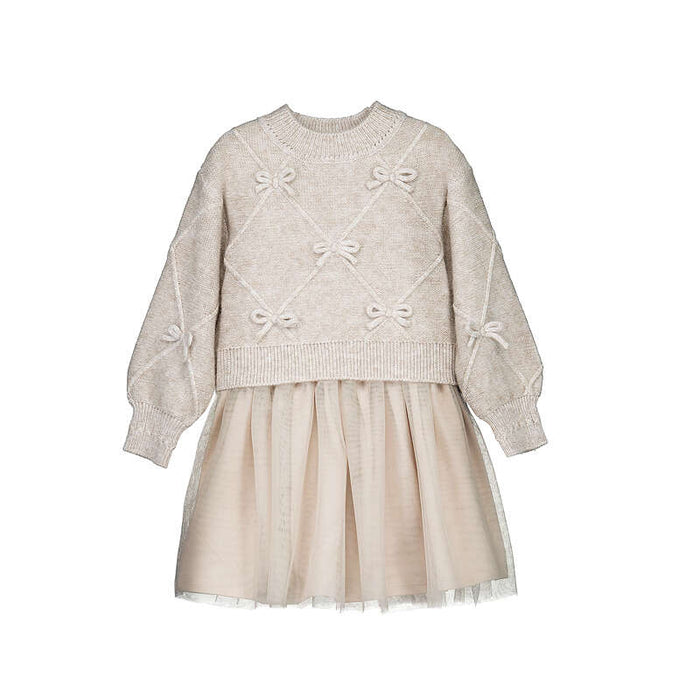 Mayoral Knit Dress w/ Bows-Beige