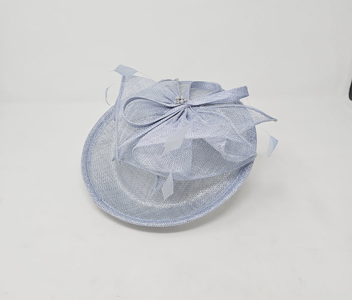 Metallic Bluebell Feather & Bow Round Disc Fascinator