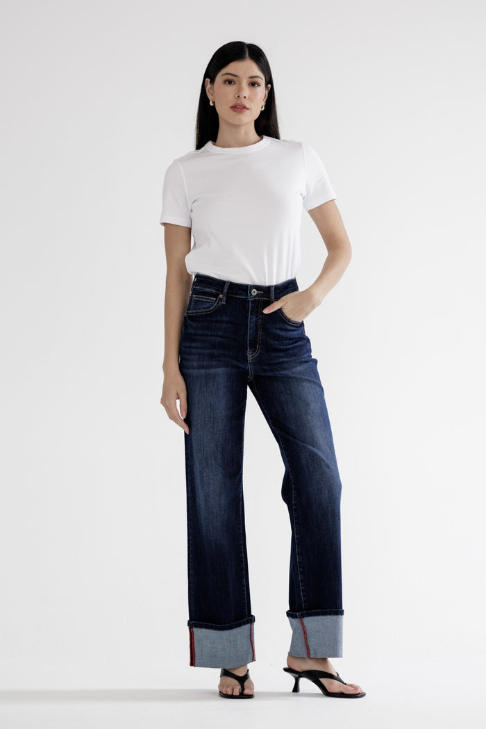 Dark wash wide-leg cuffed denim jeans, straight wide leg, cuffed hems
