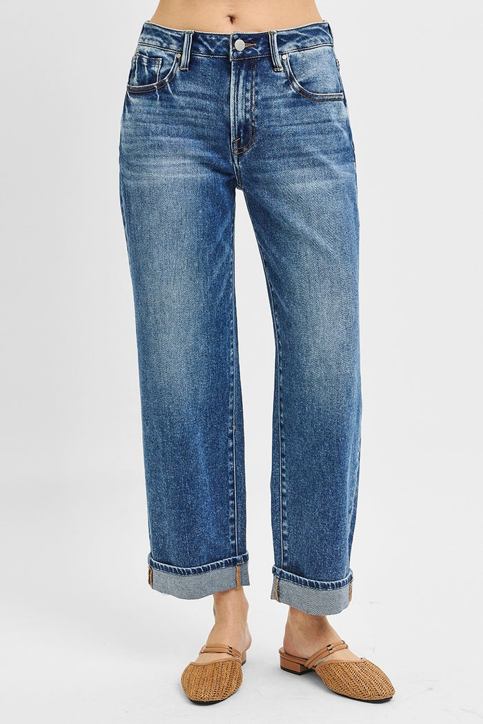 Risen mid-rise ankle boyfriend jeans in light blue denim with cuffed hem and button fly