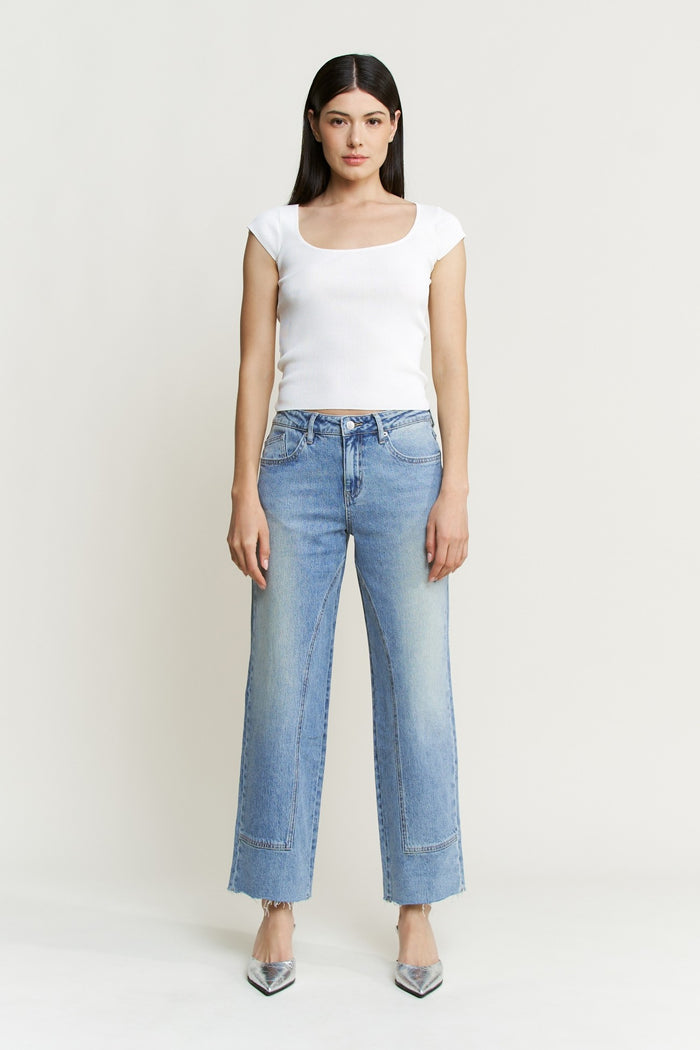 Light blue mid-rise ankle straight jeans, front view with wide straight legs