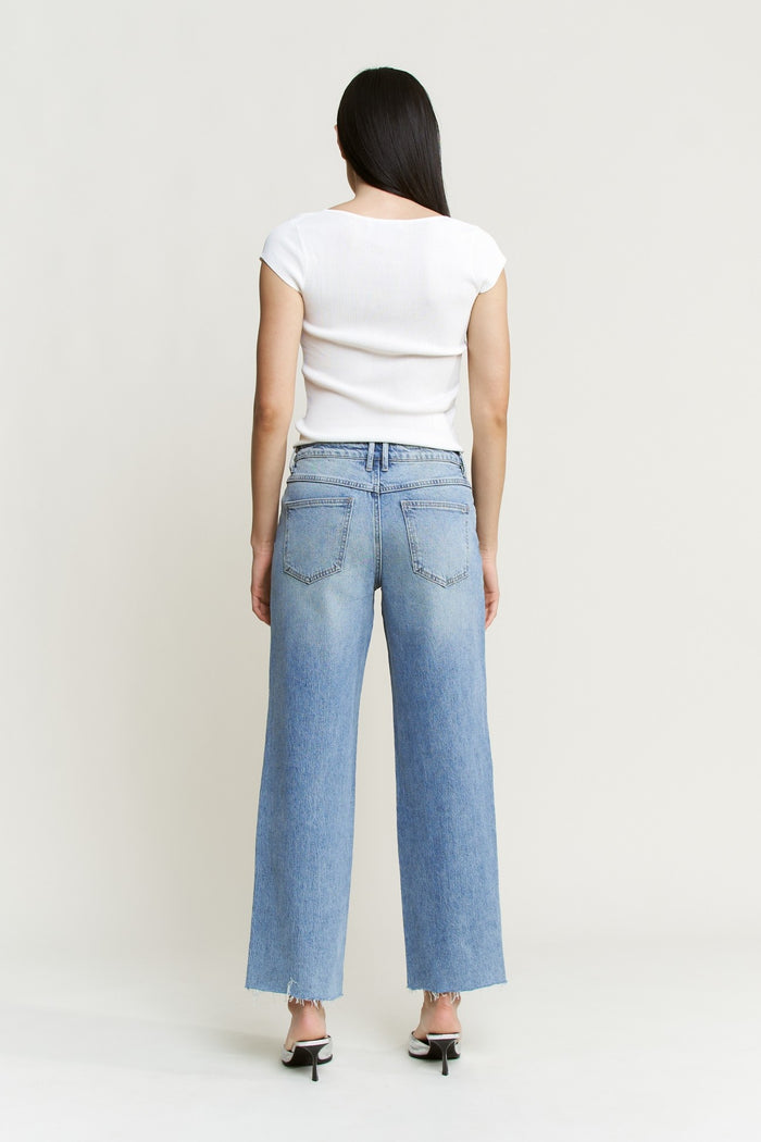 Light blue mid-rise ankle straight jeans, back view with wide straight legs