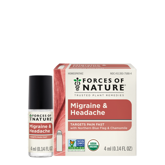 Front view of Migraine & Headache 4 ml roll-on and box with ‘Targets Pain Fast’, NonGMO and USDA Organic on white