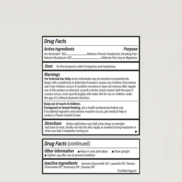 Drug Facts label: migraine relief with Iris Versicolor and Natrum Muriaticum; directions, warnings, inactive essential oils