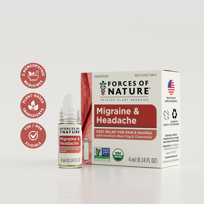 Front view of Migraine & Headache Relief 4 ml roll-on and box, showing label and organic/Non-GMO badges on pale background