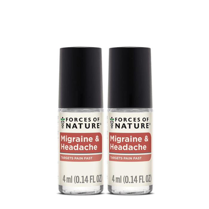 Front view of two Migraine & Headache Relief roll-on bottles side-by-side showing labels and black caps on white background