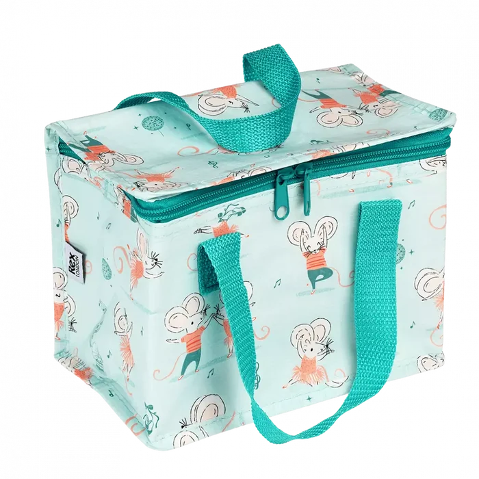 A lunch bag featuring cartoon mice in various playful poses, with a zipper closure.