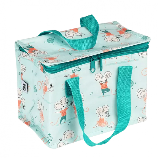 A lunch bag featuring cartoon mice in various playful poses, with a zipper closure.